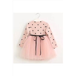 Şirin Şeyler Butiği Linda Kız Bebek Çocuk Prenses Kabarık Tütü Elbise Puantiyeli Uzun Kol Esnek Likralı Somon 75P