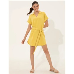 Neon Sarı Rahat Kesim Dokuma Elbise
