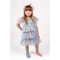 Le Mabelle Çok Renkli Yıldız Baskılı Katlı Tül Kız Çocuk Elbise - Estela LM1089