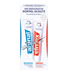 Elmex Набор для гигиены полости рта с зубной пастой 1x Elmex (75 мл) + 1x Aronal (75 мл), 150 мл