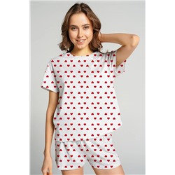 pistore Kırmızı Kalp Desenli Baskılı Pijama Takımı T-shirt ve Şort Takım Pistore000870