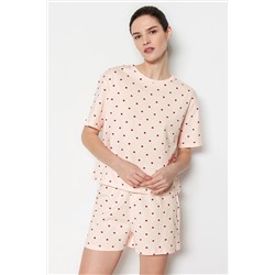 TRENDYOLMİLLA Açık Pembe %100 Pamuk Kalp Desenli T-shirt-Şort Örme Pijama Takımı THMSS21PT1485
