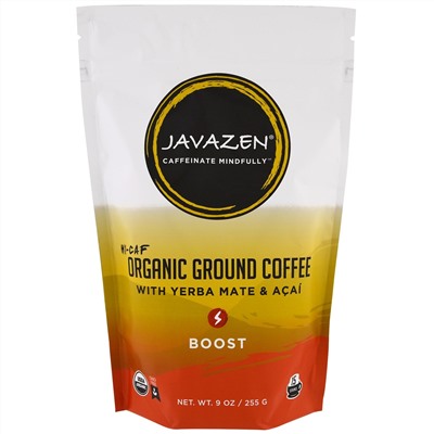 Javazen, Высокое содержание кофеина, органический молотый кофе с падубом парагвайским и асаи, усиление, 255 г (9 унц.)