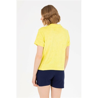 Kadın Neon Sarı Polo Yaka Crop Tişört