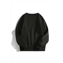 Mad&Calf Kadın Siyah Basic 0 Sıfır Yaka Baskısız Düz Oversize Salaş Bol Kesim Polar Sweatshirt 01BSC
