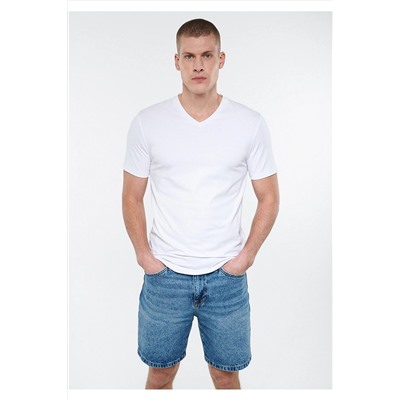 Mavi V Yaka Streç Beyaz Basic Tişört Fitted / Vücuda Oturan Kesim 061748-620