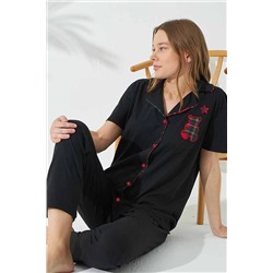 Siyah İnci Siyah Kısa Kollu Pamuklu Düğmeli Biyeli Nakışlı Pijama Takım 7677