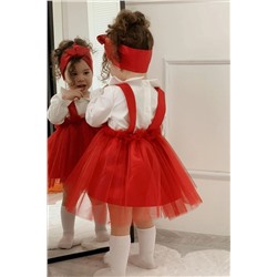 meqlife Kız Çocuk Parti Elbisesi Doğum Günü Kıyafeti 3 lü Konbin Saç Bandı ve Gömlek Hediye - Kırmızı MEQ00001014S-14