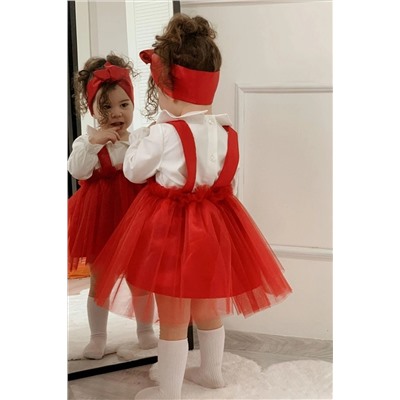 meqlife Kız Çocuk Parti Elbisesi Doğum Günü Kıyafeti 3 lü Konbin Saç Bandı ve Gömlek Hediye - Kırmızı MEQ00001014S-14