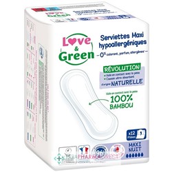 Love&Green Serviettes Maxi Hypoallergéniques - Anti-Irritations - Maxi Nuit x12