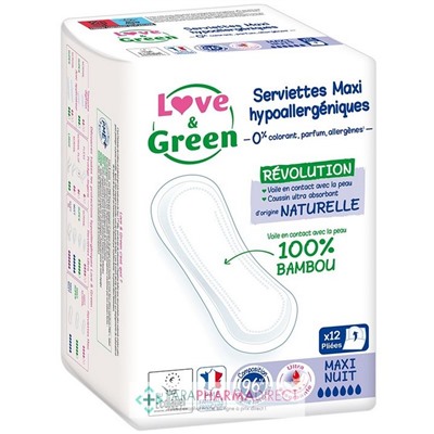 Love&Green Serviettes Maxi Hypoallergéniques - Anti-Irritations - Maxi Nuit x12