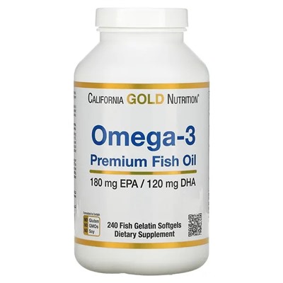 California Gold Nutrition, Omega-3 Premium Fish Oil, 180 EPA / 120 DHA, 240 Fish Gelatin Softgels