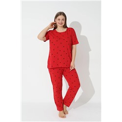 Siyah İnci Kırmızı Curve Büyük Beden Battal Boy Kısa Kollu Pamuklu Pijama Takımı 7614