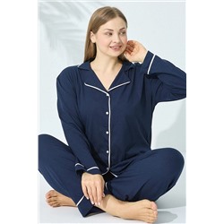 Siyah İnci Lacivert-ekru Pamuklu Büyük Beden Battal Düğmeli Biyeli Pijama Takımı 7600