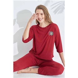 Siyah İnci bordo Soft Touch İnce Örme Nakışlı Pijama Takım 7626