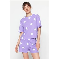 TRENDYOLMİLLA Lila Yıldız Baskılı Pamuklu T-shirt-Şort Örme Pijama Takımı THMSS22PT0501