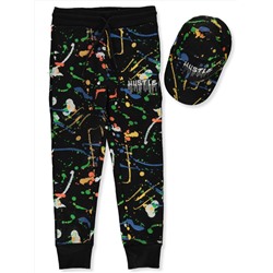 PRIME THREADS BOYS' 2-PIECE PAINT DRIP HUSTLE JOGGERS WITH SNAPBACK HAT SET