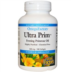 Natural Factors, OmegaFactors, Ultra Prim, масло вечерней примулы, 500 мг, 180 гелевых капсул