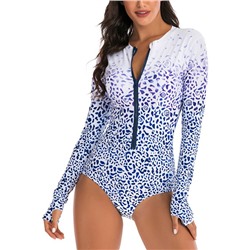 AONIHUA | Blue Leopard Zip-Front Long-Sleeve One-Piece - Women