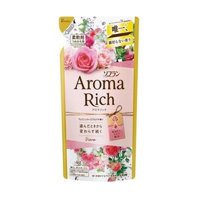LION Кондиционер для белья Soflan Aroma Rich Diana дезодорирующий с натуральными ароматическими маслами, аромат роз, сменная упаковка 400 мл.