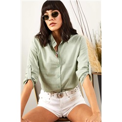 Olalook Kadın Mint Yeşili Kol Katlamalı Keten Gömlek GML-19000825