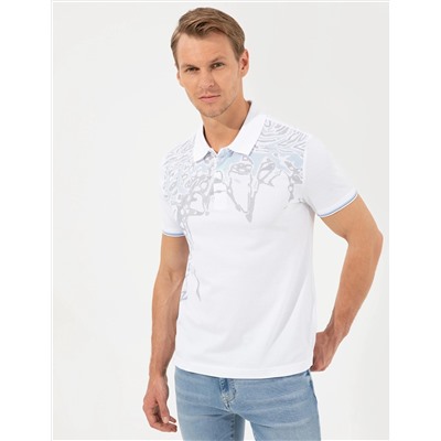 Beyaz Slim Fit Baskılı Polo Yaka Tişört