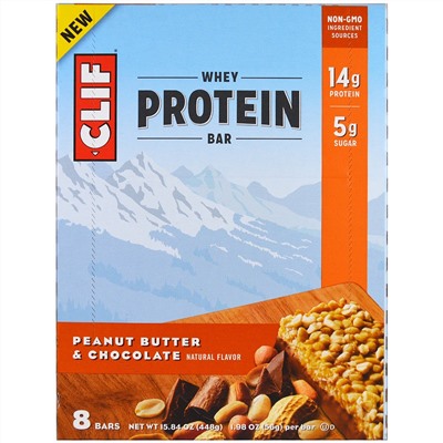 Clif Bar, Батончик с сывороточным протеином, арахисовое масло и шоколад, 8 батончиков, 1,98 унции (56 г) каждый