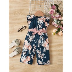SHEIN Baby Floral Print Ruffle Trim Belted Jumpsuit