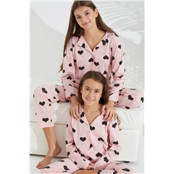 Siyah İnci somon kalp desenli Pamuklu Düğmeli Pijama Takımı 7692