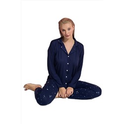 BIES Kadın Lacivert Yıldız Desen Bambu Gömlek Yaka Önden Düğmeli Mevsimlik Uzun Kol Viskon Pijama Takımı MLN