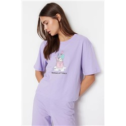 TRENDYOLMİLLA Lila %100 Pamuk Eğlenceli Baskılı T-shirt-Pantolon Örme Pijama Takımı THMSS23PT00134