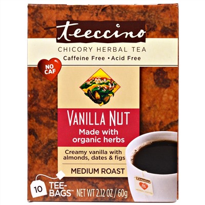 Teeccino, Травяной чай из цикория, средняя обжарка, не содержит кофеина, с ванилью, 10 пакетиков, 60 г