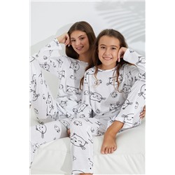Siyah İnci beyaz kedi desenli Pamuklu Pijama Takımı 7694