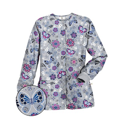 Happy Scrubs® Butterfly Breeze Silver Print Scrub Jacket