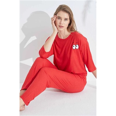 Siyah İnci kırmızı Soft Touch İnce Örme Nakışlı Pijama Takım 7626
