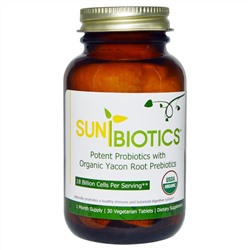 Sunbiotics, Organic,  высокоэффективные пробиотики с органическими пребиотиками корня якон, 30 растительных таблеток