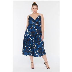 Trendyol Curve Mavi A-line Örme Kruvaze Yaka Çiçek Desenli Elbise TBBSS22AH00000