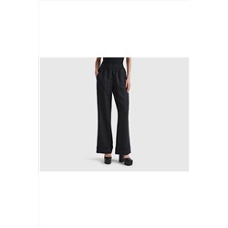 United Colors of Benetton Kadın Siyah %100 Keten Dantel Detaylı Beli Lastikli Pantolon Siyah 123P4AGHDF04C