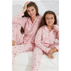 Siyah İnci somon puan desenli Pamuklu Düğmeli Pijama Takımı 7692