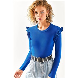 Olalook Kadın Saks Mavi Omuzu Fisto Detaylı Likralı Pamuk Bluz BLZ-19002380