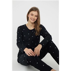 Siyah İnci Siyah Puan Desenli Pamuklu Pijama Takımı 7613