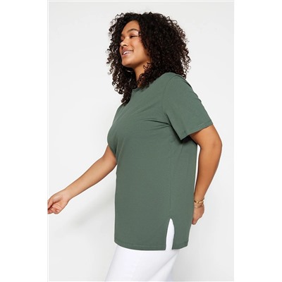 Trendyol Curve Koyu Mint Boyfriend Örme Bisiklet Yaka Yırtmaçlı T-Shirt TBBSS22BF0031