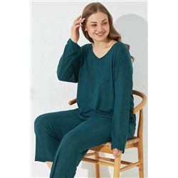 Siyah İnci Yeşil Soft Touch Ince Curve Büyük Beden Battal Boy Örme Pijama Takım 7663