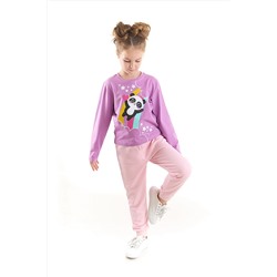 Denokids Gökkuşağı Panda Kız Çocuk Lila T-shirt Pembe Pantolon Takım CFF-22S1-113