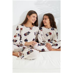 Siyah İnci krem şapkalı ayıcık desenli Pijama Takımı 7694