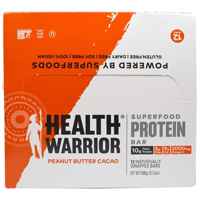 Health Warrior, Inc., Протеиновый батончик, арахисовое масло, какао, 12 шт., 50 г каждый