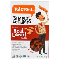 Tolerant, Simply Legumes, Organic Red Lentil Pasta, Rotini, 8 oz (227 g)