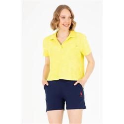 Kadın Neon Sarı Polo Yaka Crop Tişört