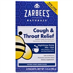 Zarbee's, Помощь при кашле и боли в горле, употреблять в ночное время, натуральный ароматизатор-мёд с лимоном, 6 упаковок, 96 г (3,4 унции)