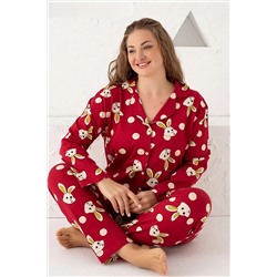 Siyah İnci Bordo Pamuklu Düğmeli Büyük Beden Battal Pijama Takım 7589